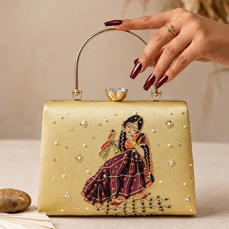 Woman Royal Rajasthani Muse Embroidered Gold Clutch