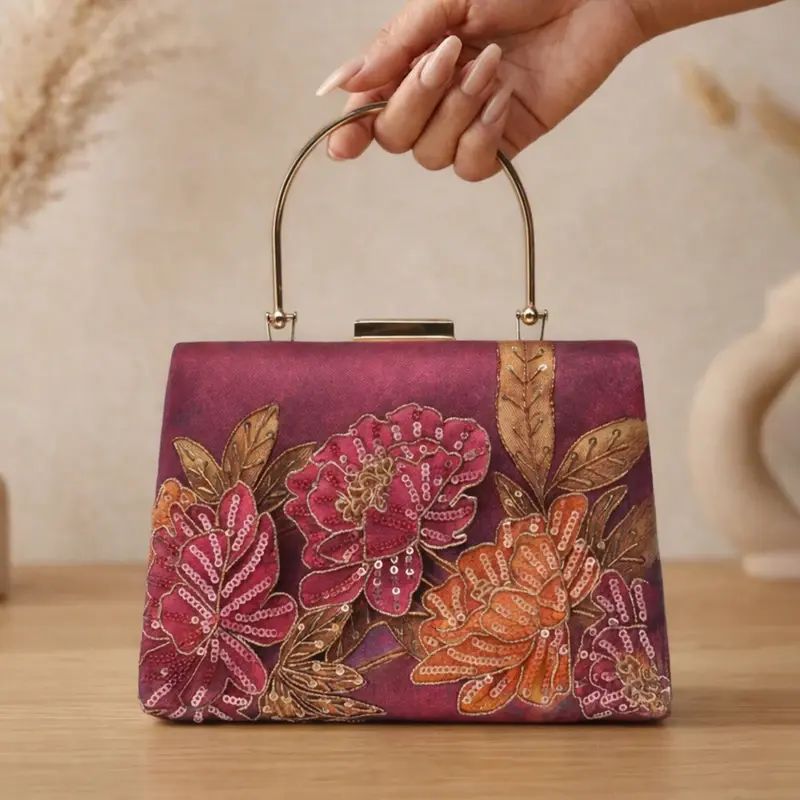 Women Printed Burgundy Floral Sequin Clutch with Hand Embroidery