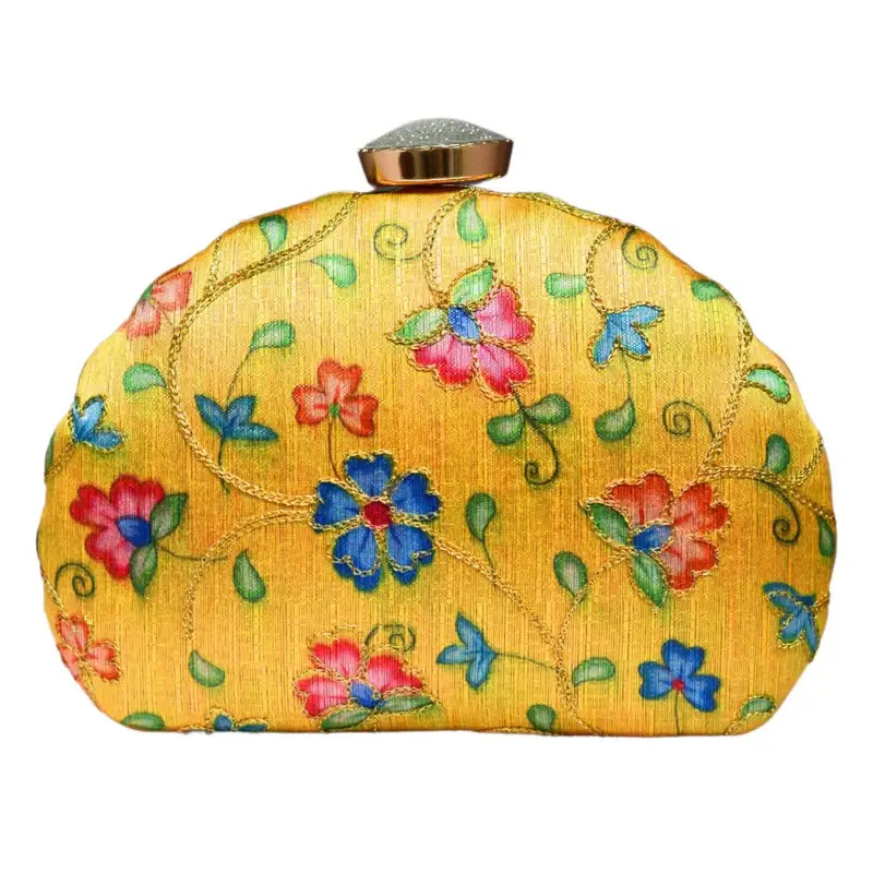Woman Yellow Floral Moon Shape Clutch