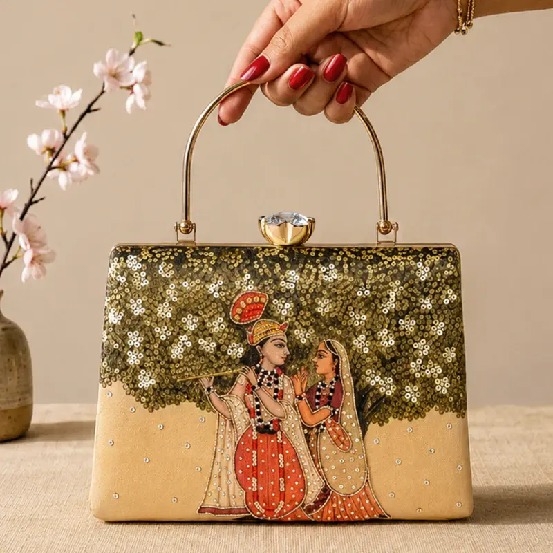 Woman Printed Radha Krishna Divine Art Clutch with Hand Embroidery