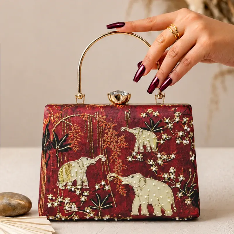 Women Crimson Elephant Garden Embroidered Clutch