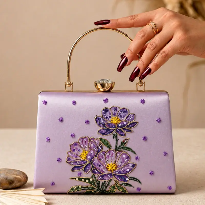 Women Lavender Floral Embroidered Clutch Bag