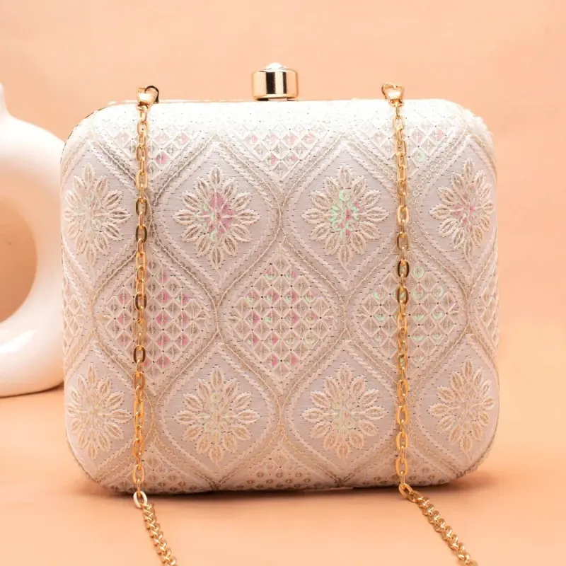 Women White Base Pink And White Threadwork Embroidery Clutch