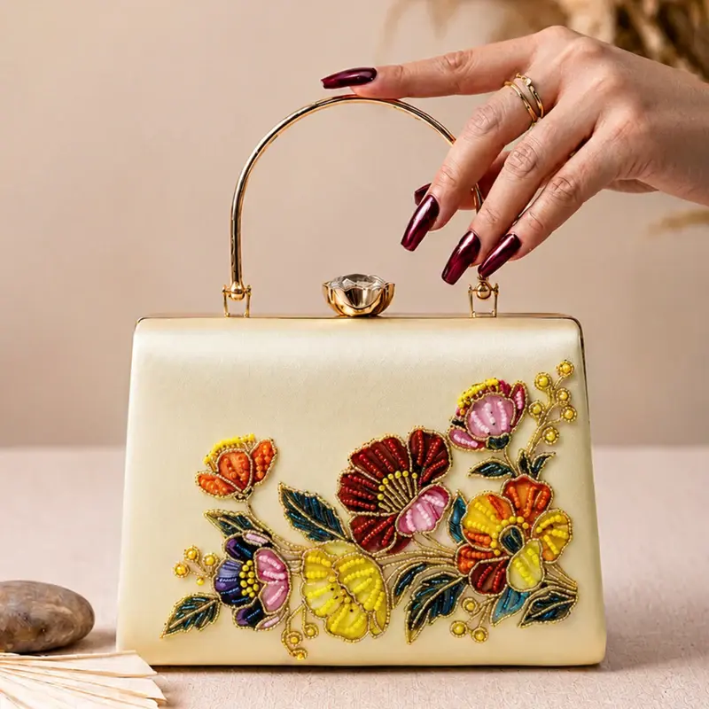 Woman Floral Symphony Pearl Embroidered Clutch