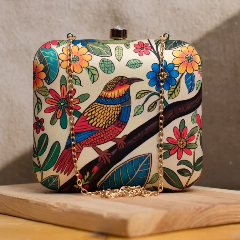 Women Beige Flower And Bird Printed Clutch