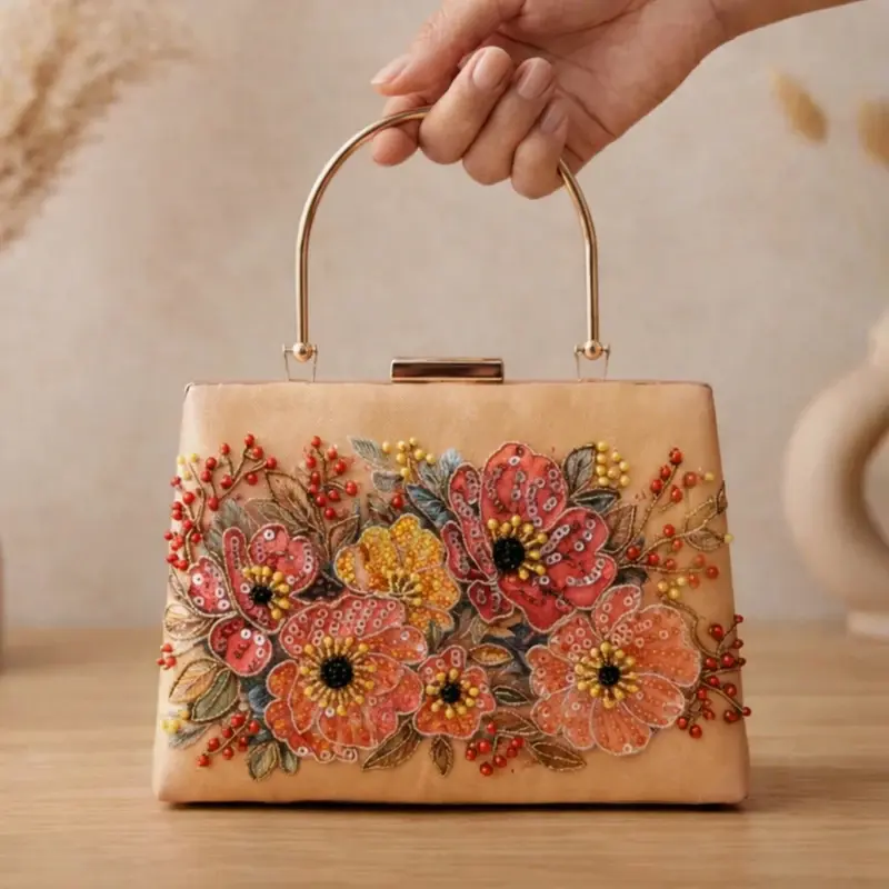 Women Printed Champagne Floral Beaded Clutch with Hand Embroidery