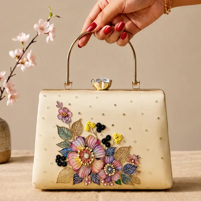 Woman Printed Elegant Floral Pearl Embellished Clutch with Hand Embroidery