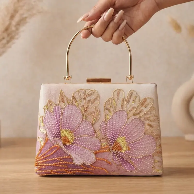 Women Printed Blush Pink Floral Beaded Clutch with Hand Embroidery