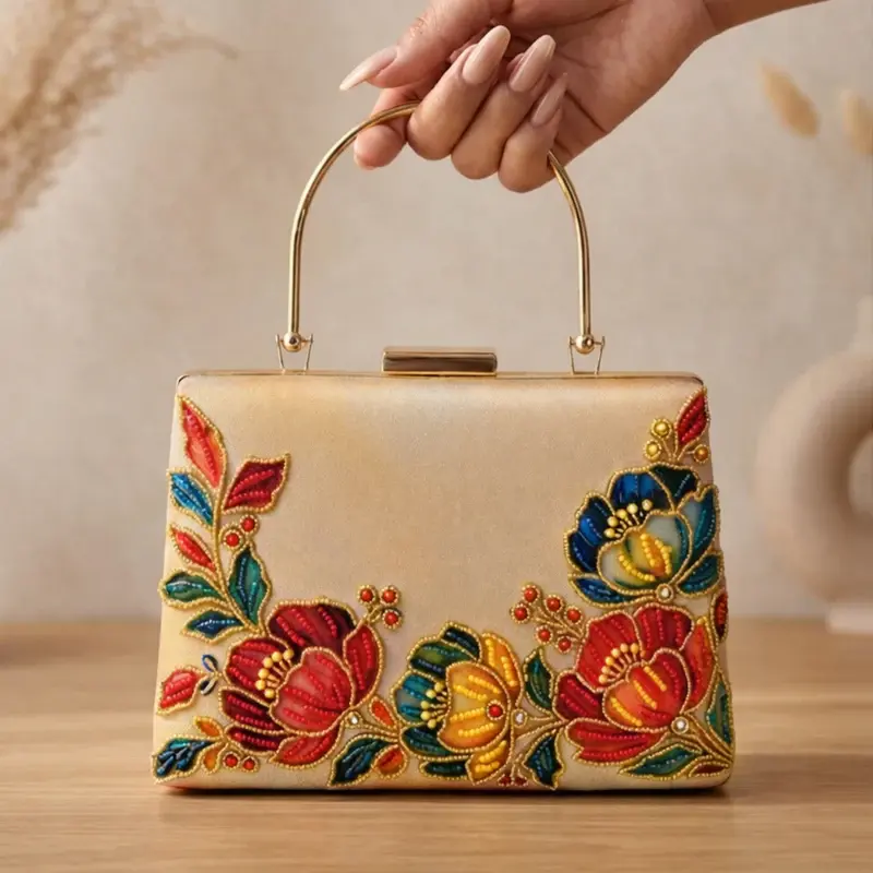 Women Printed Gold Floral Embellished Clutch with Hand Embroidery