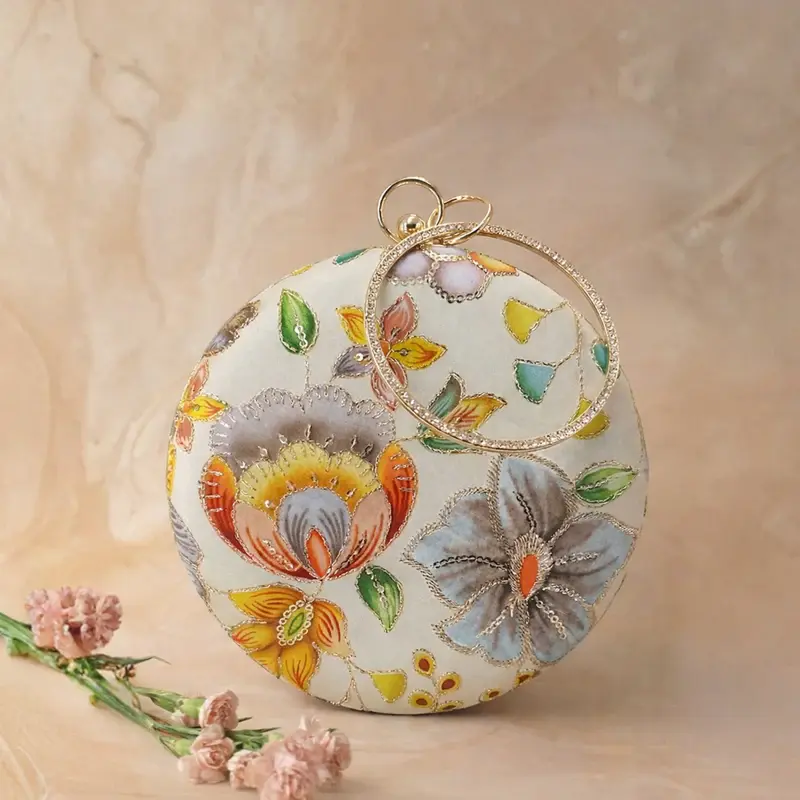 Woman Ivory Floral Round Embroidered Clutch