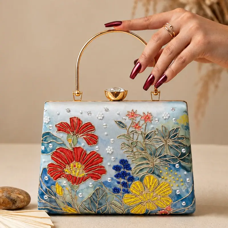 Women Blue Floral Artistic Embroidered Clutch