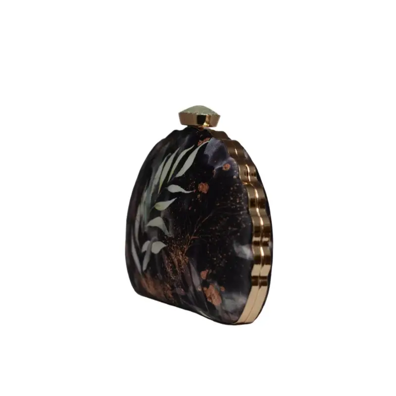 Woman Black Floral Printed D-shape Clutch
