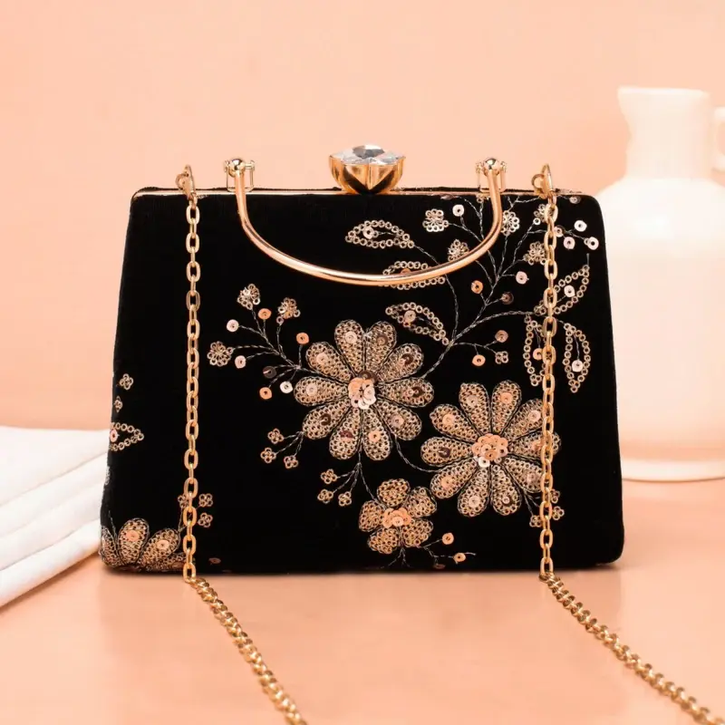 Women Black Base Floral Sequins Embroidery Ethnic Clutch