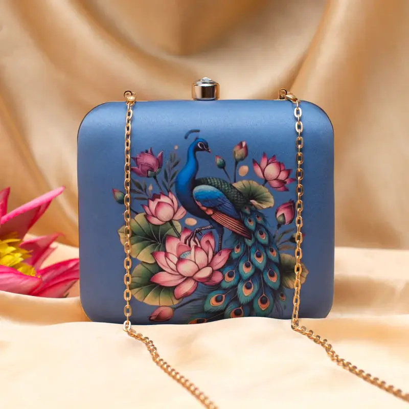 Woman Blue Peacock Printed Clutch