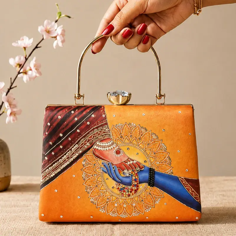Woman Printed Divine Hands Traditional Art Clutch with Hand Embroidery