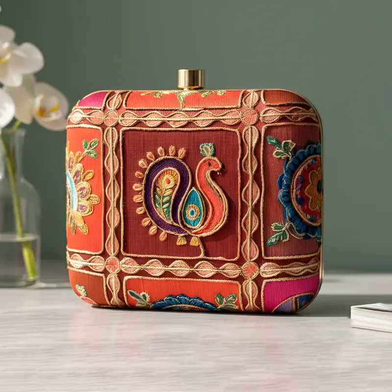 Woman Royal Red Heritage Peacock Embroidered Clutch