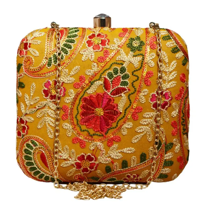 Women Yellow Multicolor Threadwork Embroidery Clutch