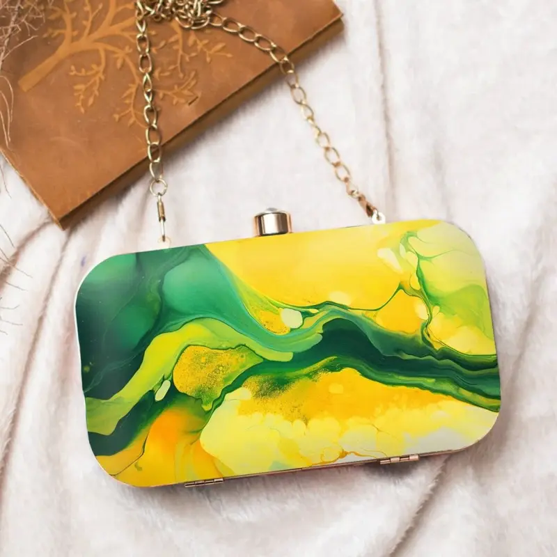 Women Green And Yellow Flow Art Printed Clutch