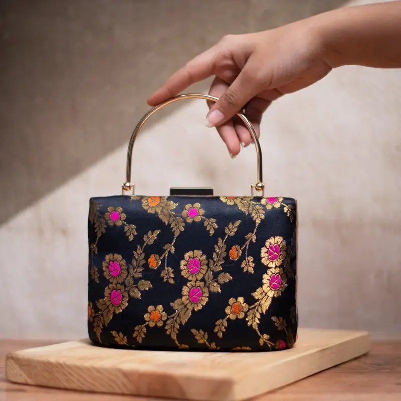 Woman Black Golden Flower Printed Clutch