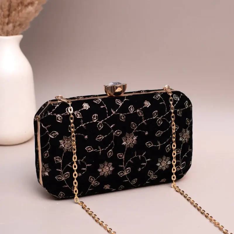 Women Black Based Golden Floral Sequins Embroidery Clutch