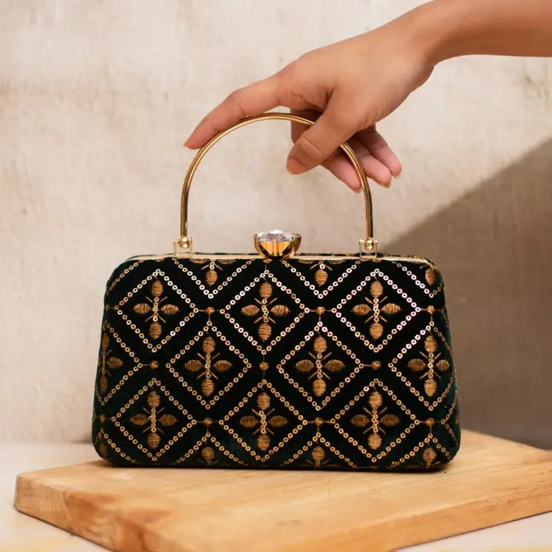 Women Black Embroidered Party Clutch