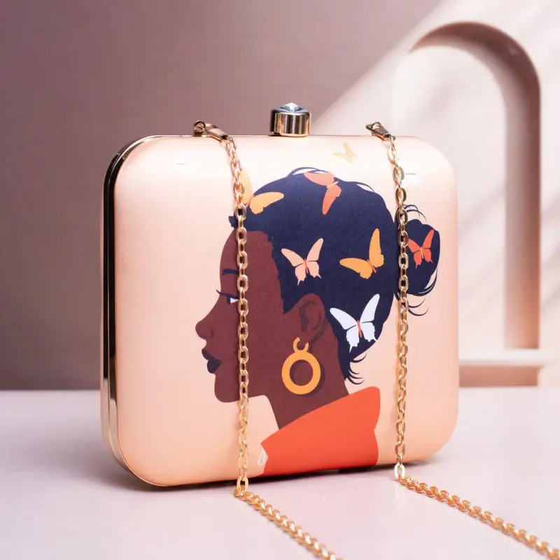 Women Beautifull Brown Girl with Pastel Butterfly Printed Clutch