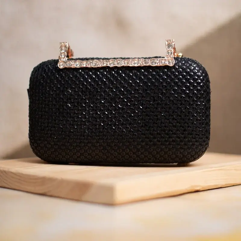 Women Black Sequins Fabric Party Clutch