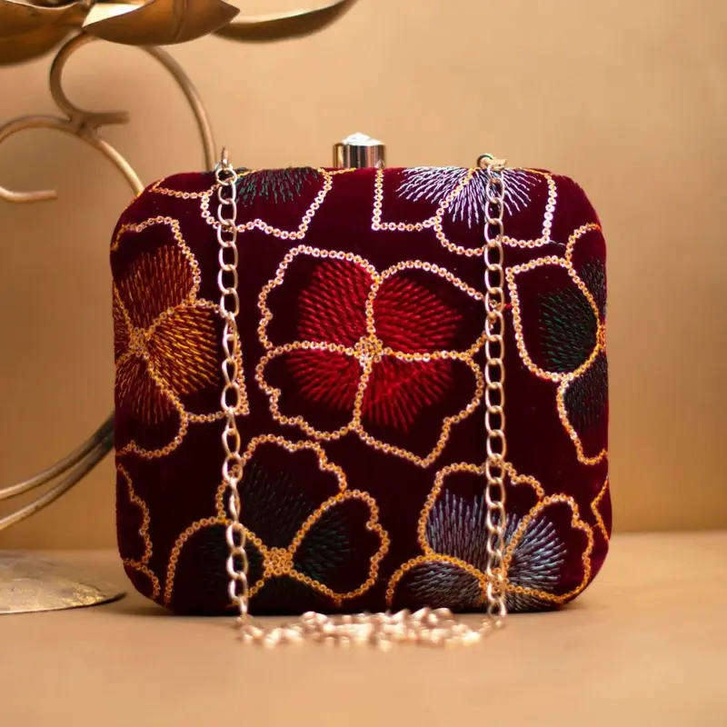 Woman Maroon Flower Sequenced Embroidery Clutch