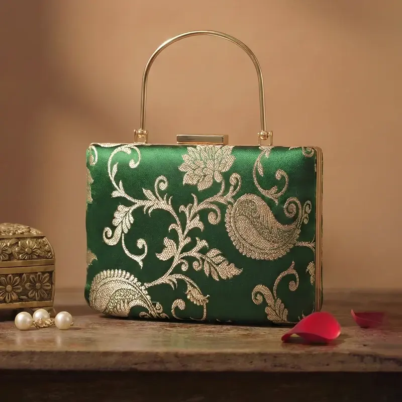 Woman Emerald Green Gold Embroidered Clutch