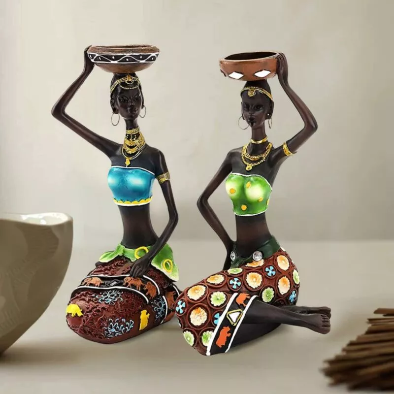 Hand Crafted Home Decor Sitting African Tribal Women with Candle Holder Art Piece