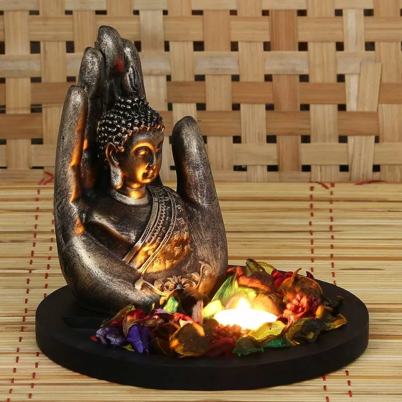 Copper Finish Handcrafted Palm Buddha Decorative Showpiece with Wooden Base
