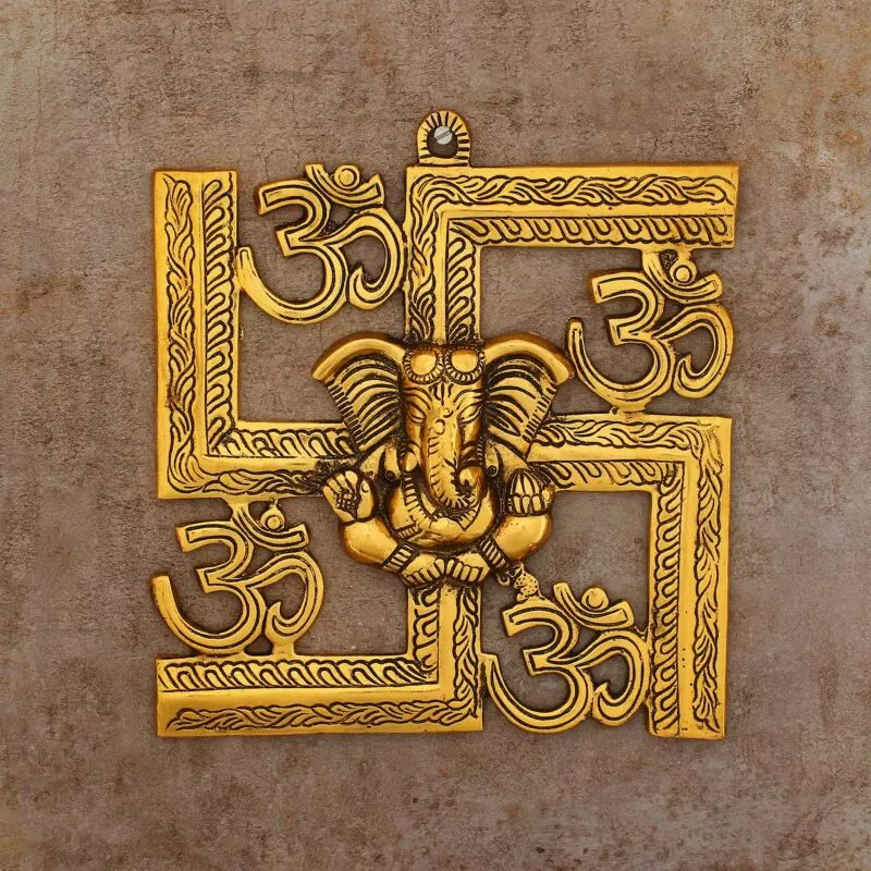 Om Swastik Metal Golden Wall Hanging with Lord Ganesha