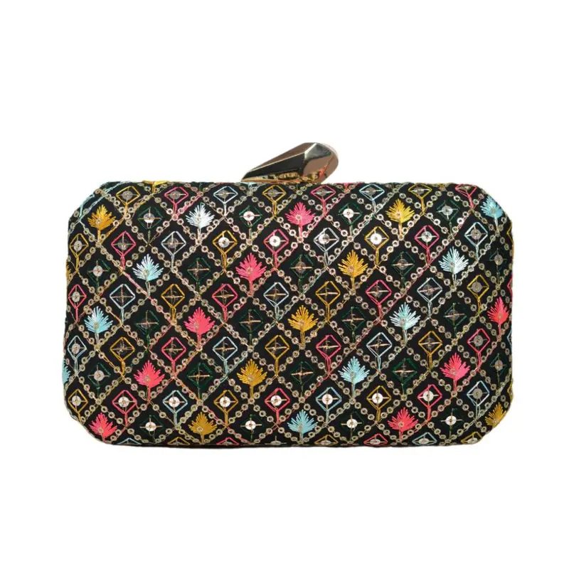 Women Black Sequins Multicolour Embroidery Clutch