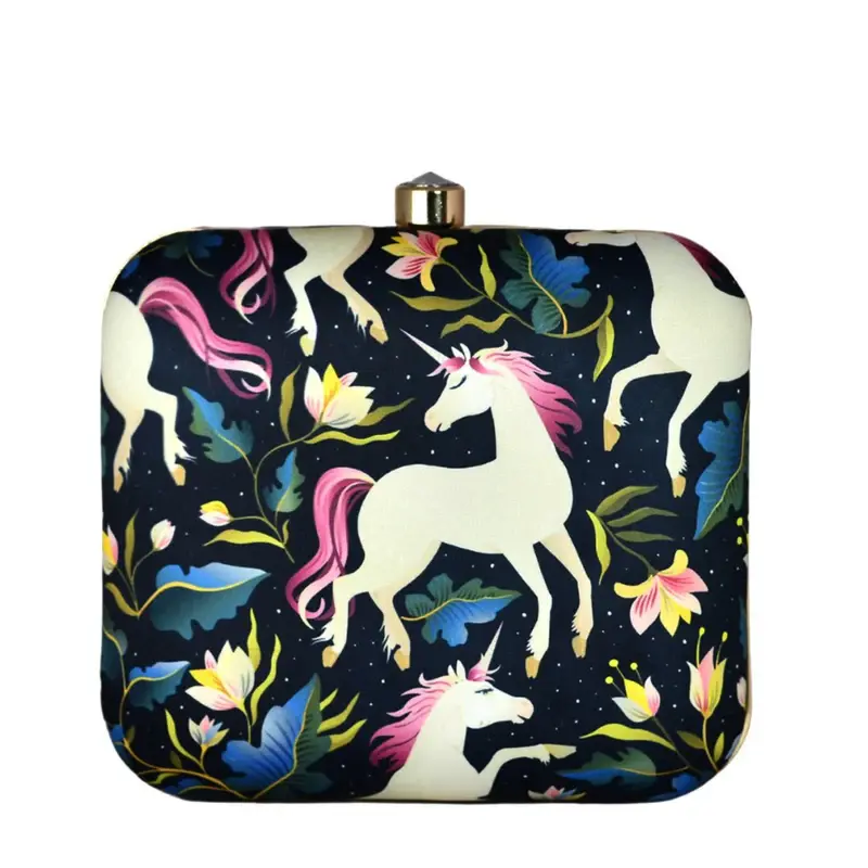 Women Unicorn Printed Black Clutch