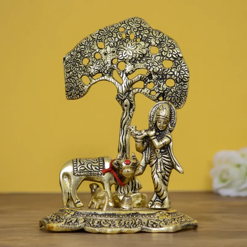 Golden Lord Krishna Idol playing Flute under Tree with Cow and Calf