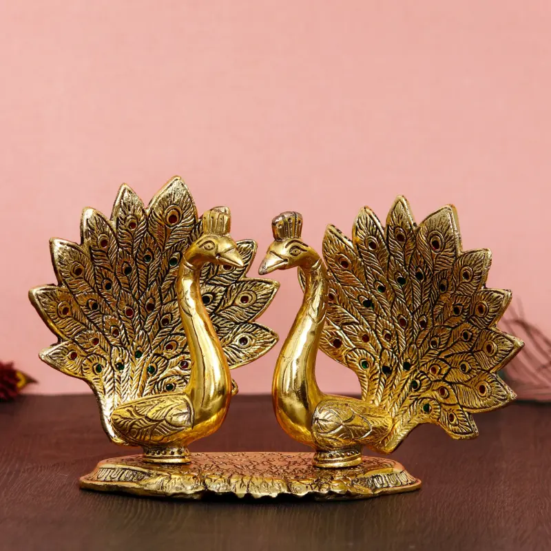Set Of 2 Loving Golden Peacock Statue Decorative Metal Bird Figurines