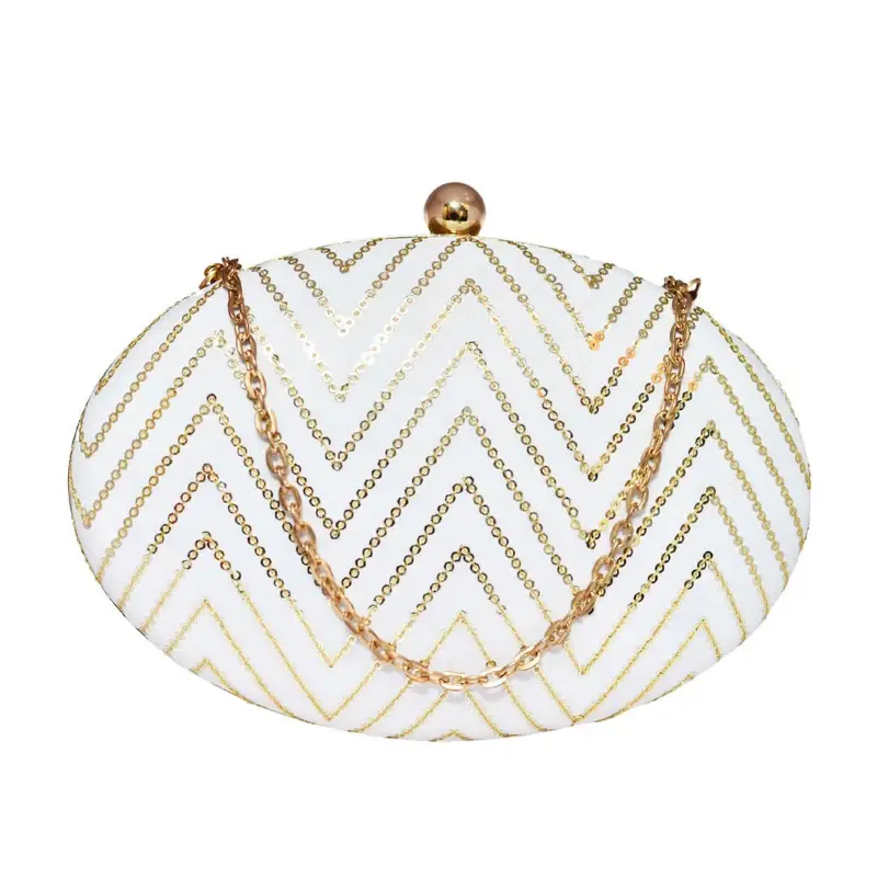 Woman White Embroidered Oval Clutch