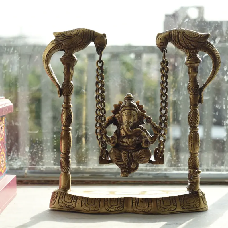 Gold Brass Lord Ganesha on parrot Swing (Jhoola)