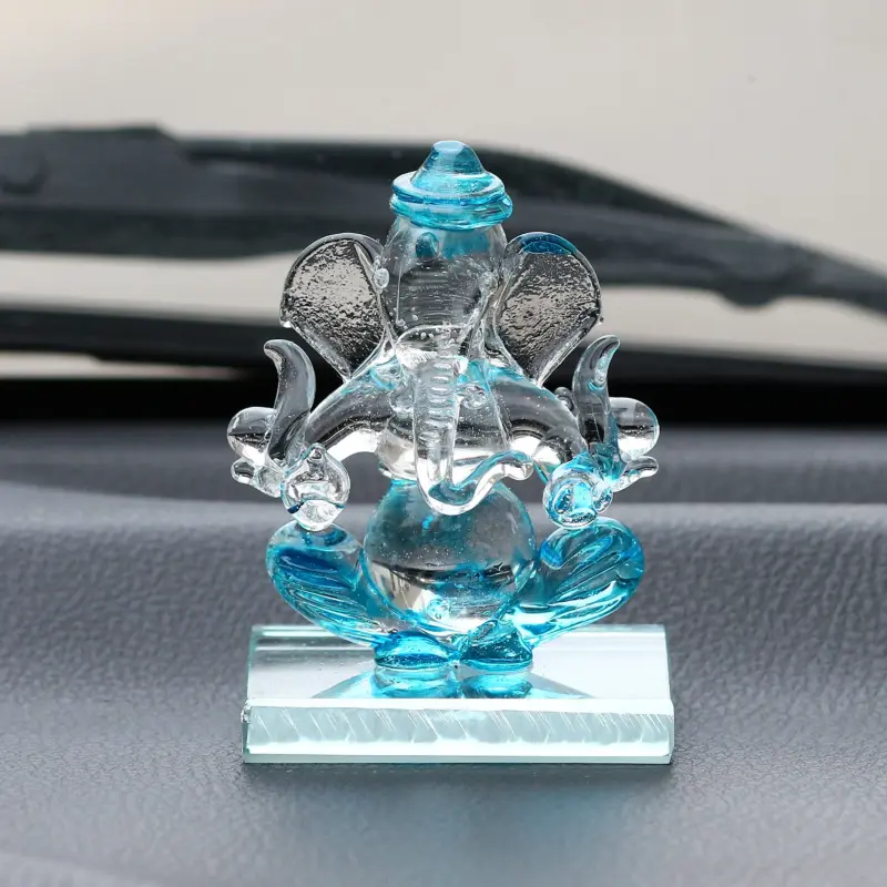 Sky Blue Transparent Double Sided Crystal Ganesha Idol For Home, Office and Car Dashboard