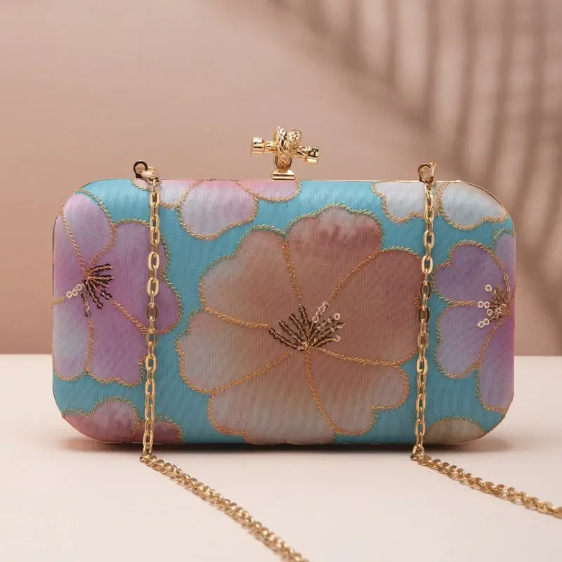 Woman Pastel Blue Base Floral Printed Fabric Clutch