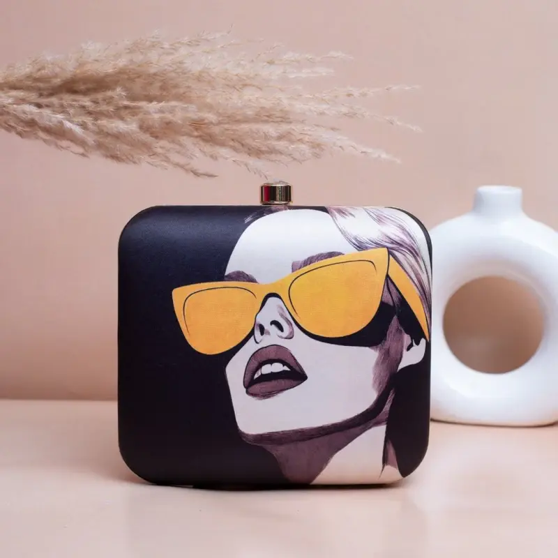 Women Black Based Women Portrait Printed Clutch