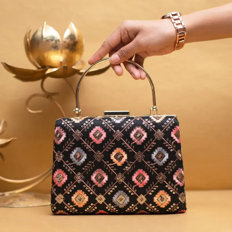 Women Black Multicolor Sequins Embroidery Clutch