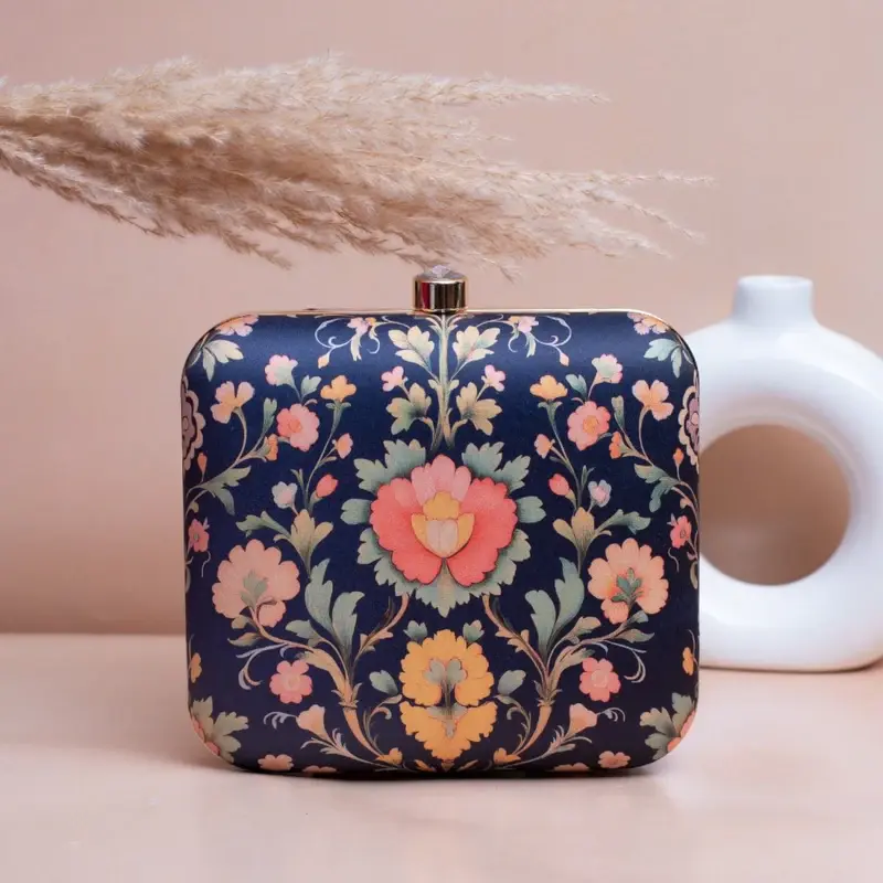 Women Blue Based Floral Printed Clutch