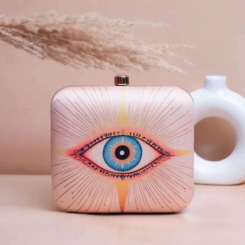Woman Beige Based Evil Eye Printed Clutch