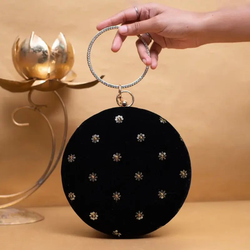 Woman Black Sequins Embroidery Fabric Round Clutch