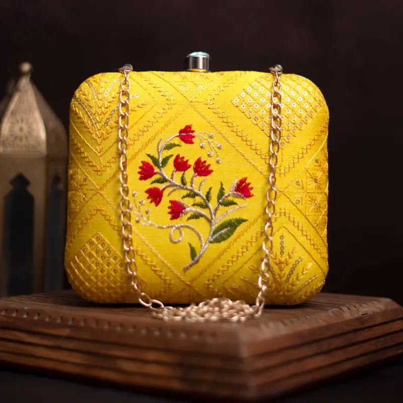 Women Yellow And Red Floral Embroidery Clutch