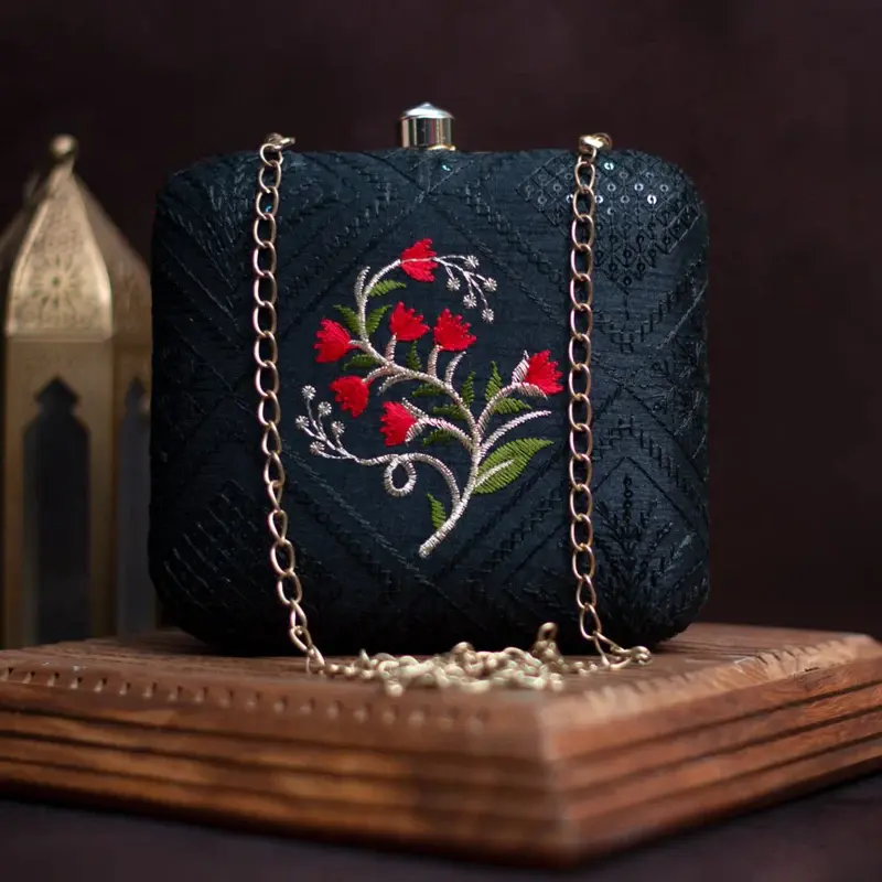 Woman Black And Red Floral Embroidery Clutch
