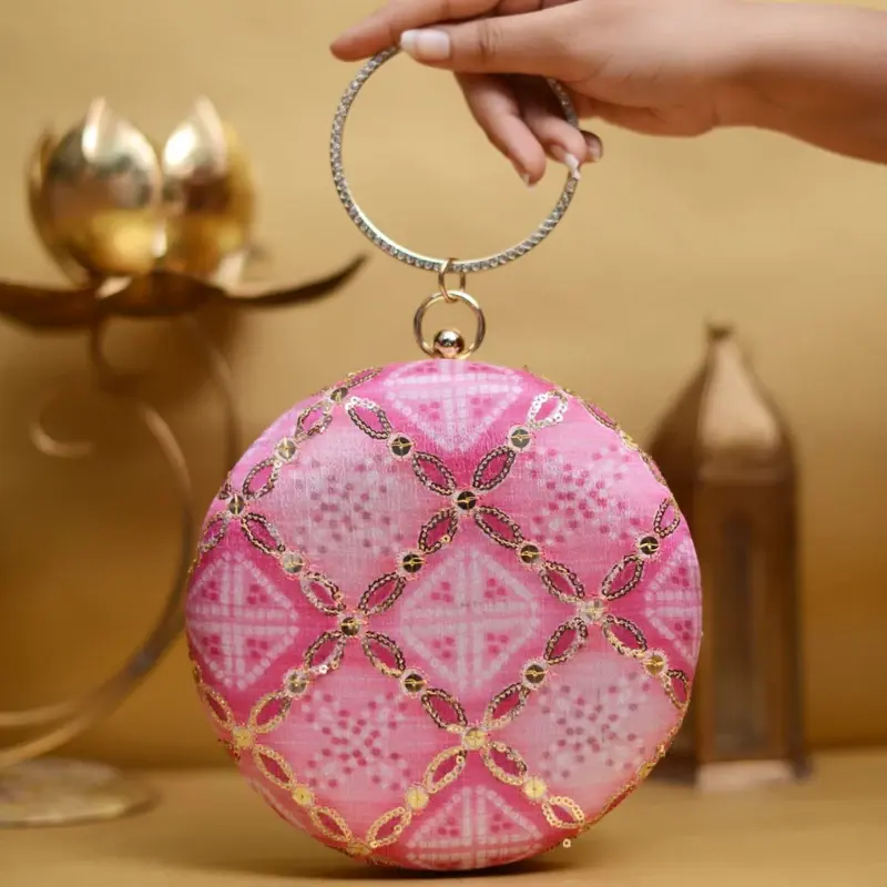 Woman Pink And Golden Sequins Round Party Clutch