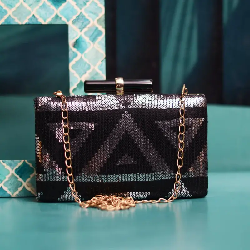 Woman Black And Silver Sequins Party Clutch