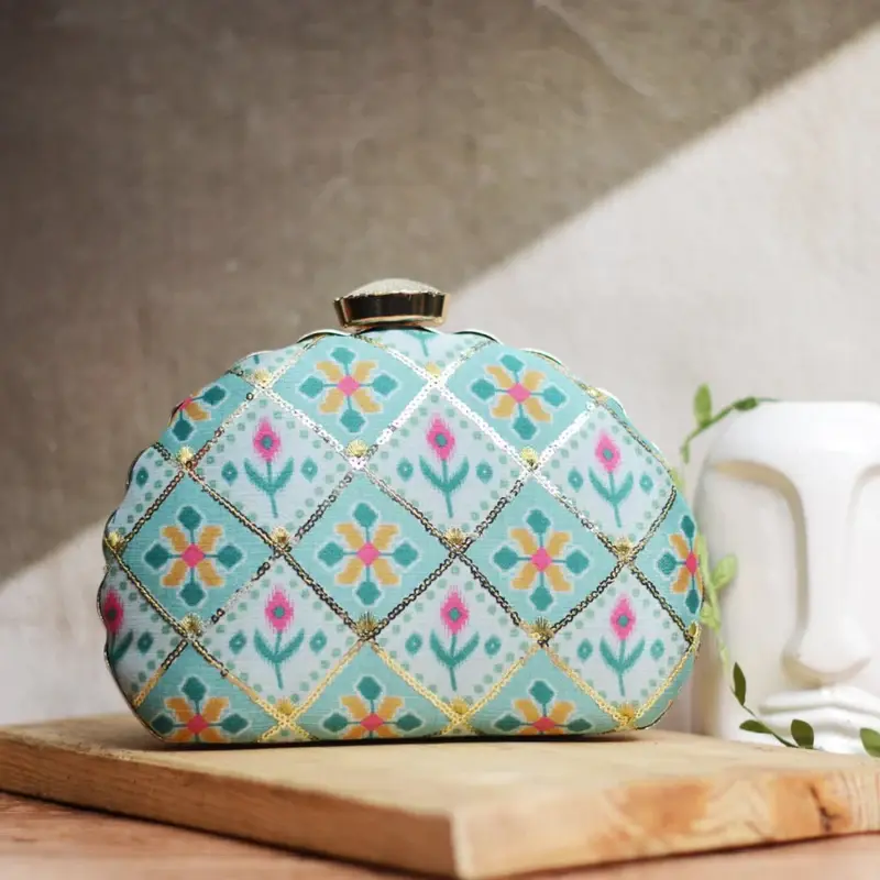 Woman Blue Sequins Embroidery D-shape Clutch